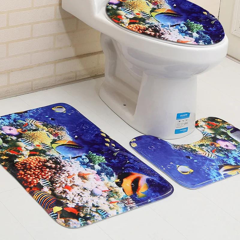 3D Ocean Seabed Animals Toilet Cover Bath Mat Sets Fish Dolphin Printed Bathroom Curtain Set Waterproof Fabric Shower Curtains