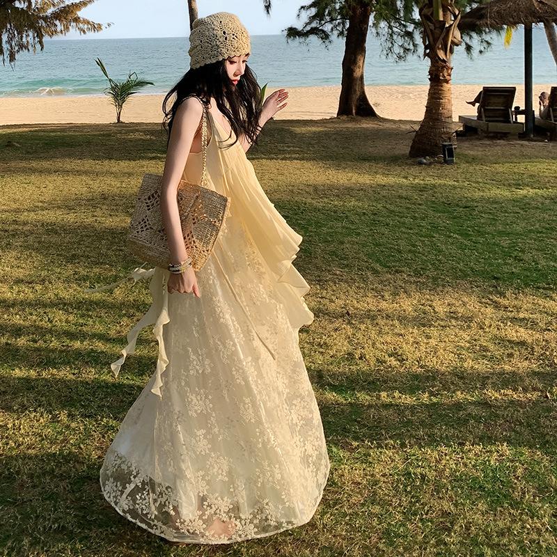 Lace Splicing Collar Suspender Dress Women's Summer Ruffle Edge Skirt Vacation Gentle High Waist Fairy Dress