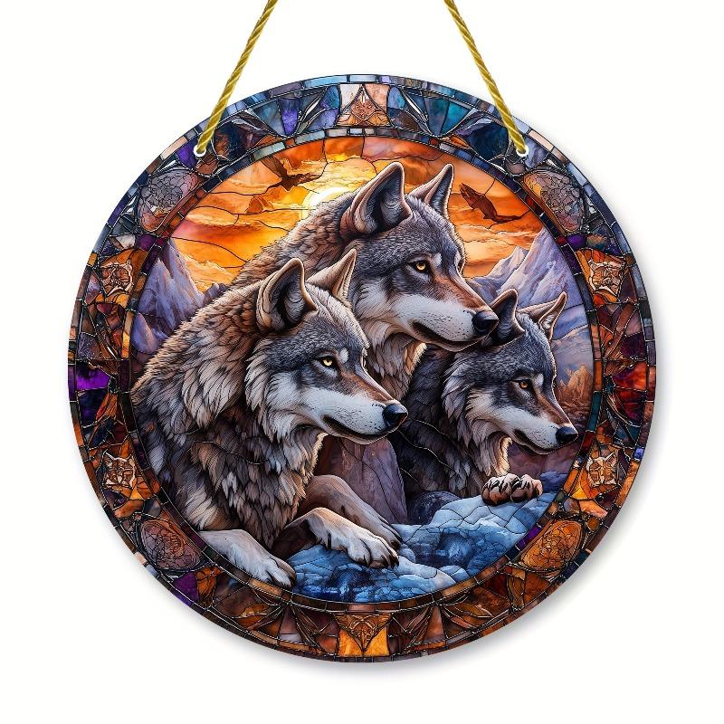 2D Flat Bohemian Style Three Wolves Mountain Scene Acrylic Decoration Sign, Stained Glass Design, Home Decor Plaque Hanging Wall Art Decorative Garden
