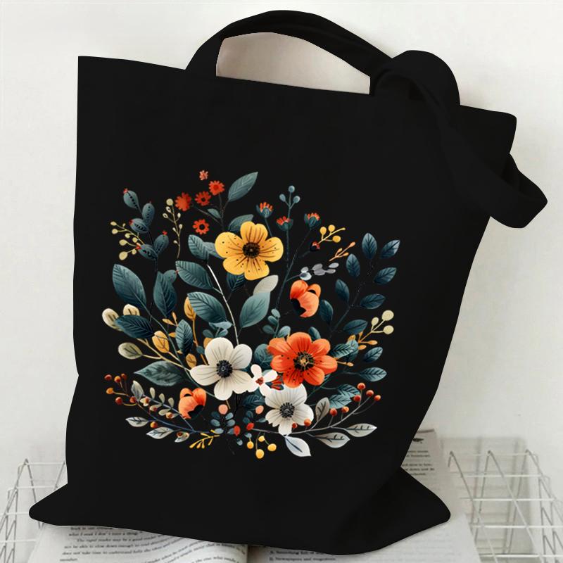 Elegant Wildflowers Aesthetic Canvas Handbag Reusable Floral Shopping Tote Bag for Women