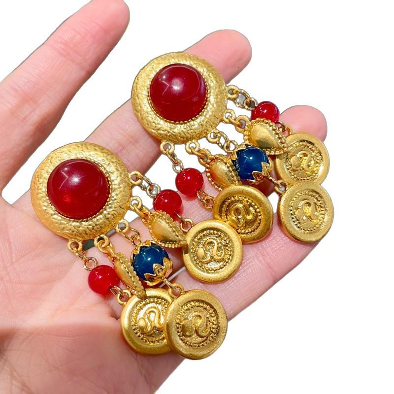 Vintage Retro Colorful Crystal Tassel Earrings with Heart and Coin Pendants for Women
