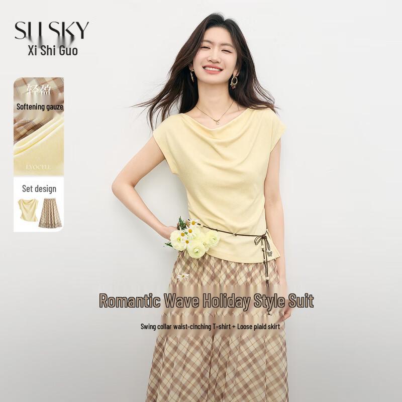 Sllsky Women s Bohemian Drape Neck Top & Plaid Skirt Set 2XL