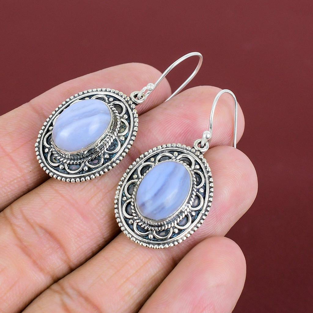 Blue Lace Agate Earrings Original Gemstone Earring Handmade Decent Jewelry 925 Sterling Silver Earrings Vintage Design Earring Gifts For Her