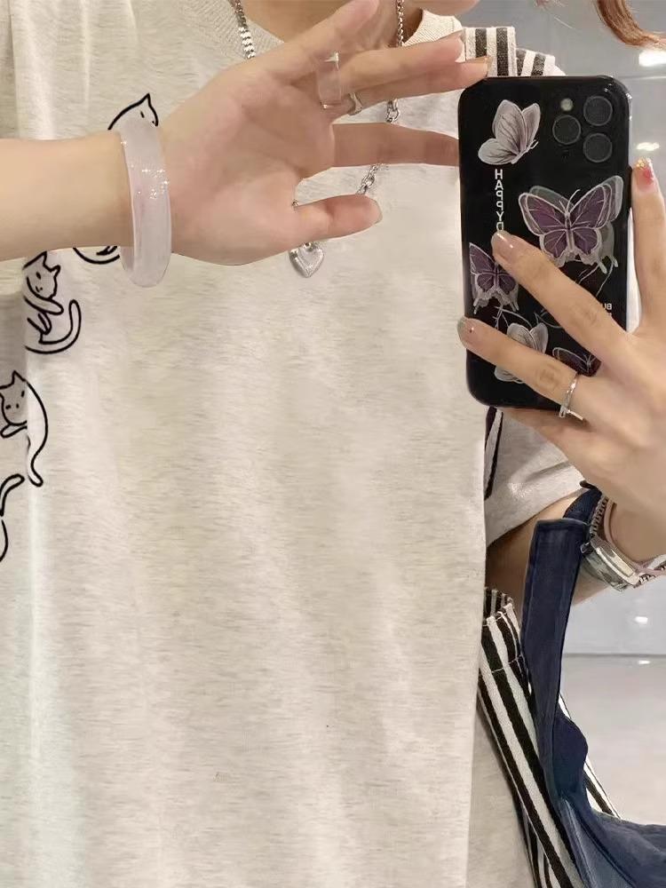 Übergröße Damen T-Shirt aus reiner Baumwolle mit kurzen Ärmeln 2025 – Gerade Schulter, Lockere Passform, Amerikanischer Stil