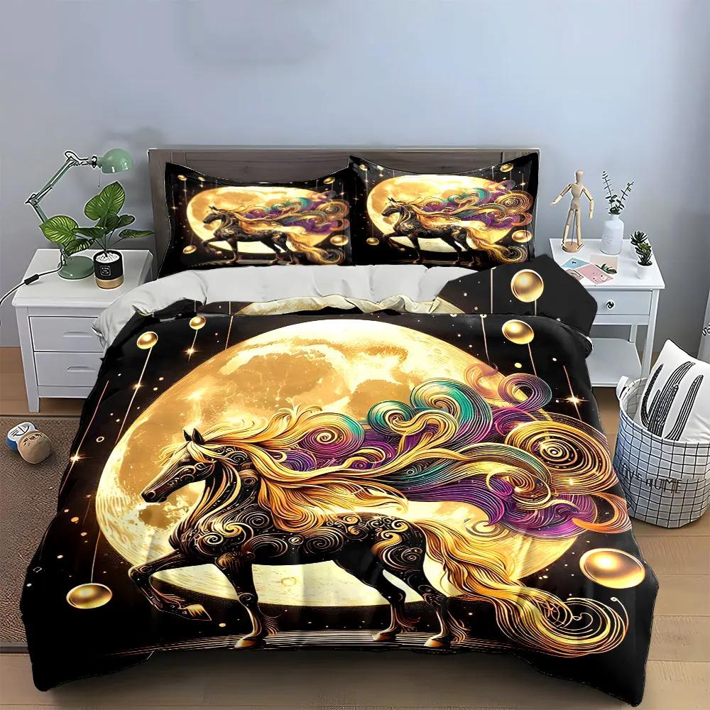 "Golden Moon Horse Decor Set" Soft Comfortable Duvet Cover Bedding Set Included 1*Duvet Cover & 2*Pillowcases gift