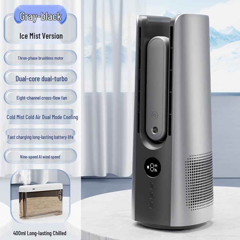 Double Turbine Leafless Fan & Humidifier: Mini Dual Tower, High Wind, USB-Powered, Humidifying Spray