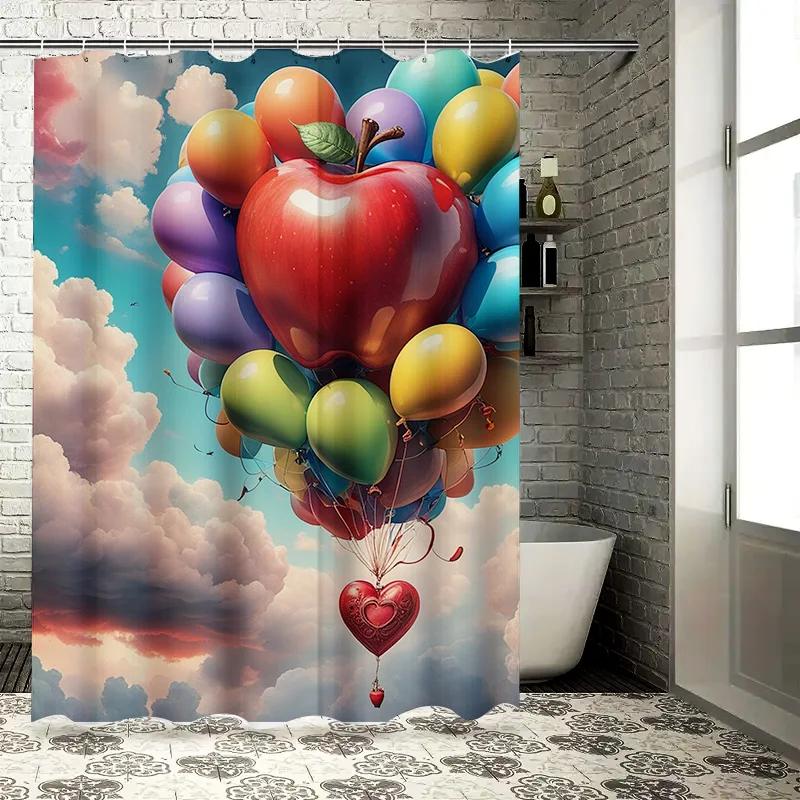 Colorful Balloons and Apple Waterproof Shower Curtain, Artistic Design for Bathroom Decor, Enhances Whimsical Atmosphere