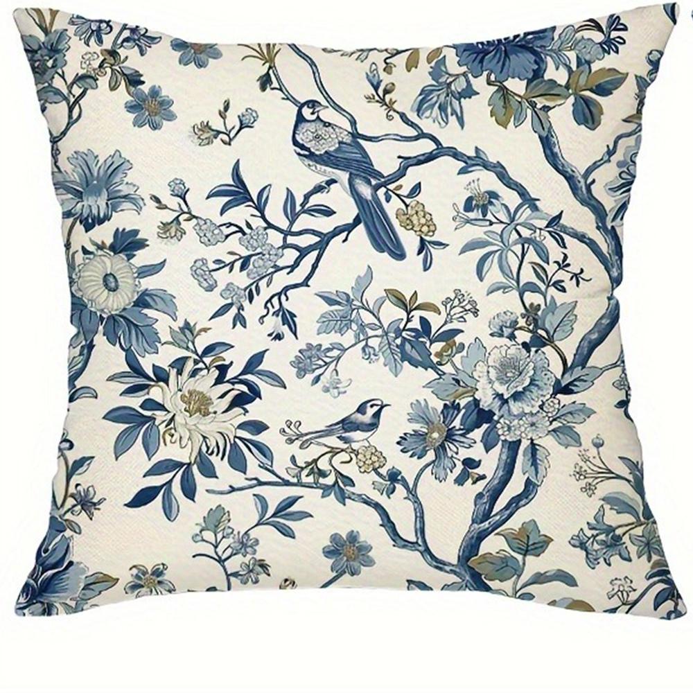 Retro blue floral bird pattern printed pillowcase living room sofa cushion cover bedroom room home decoration