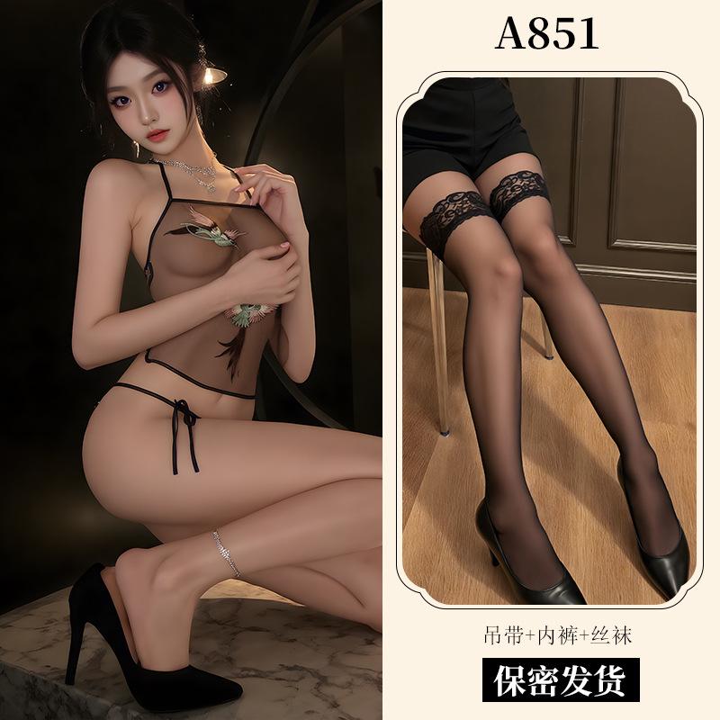 Sex Underwear Pure Desire Transparent Mesh Embroidery Suspender Belly Pocket Strap Panty Set Battle Robe Pajamas A