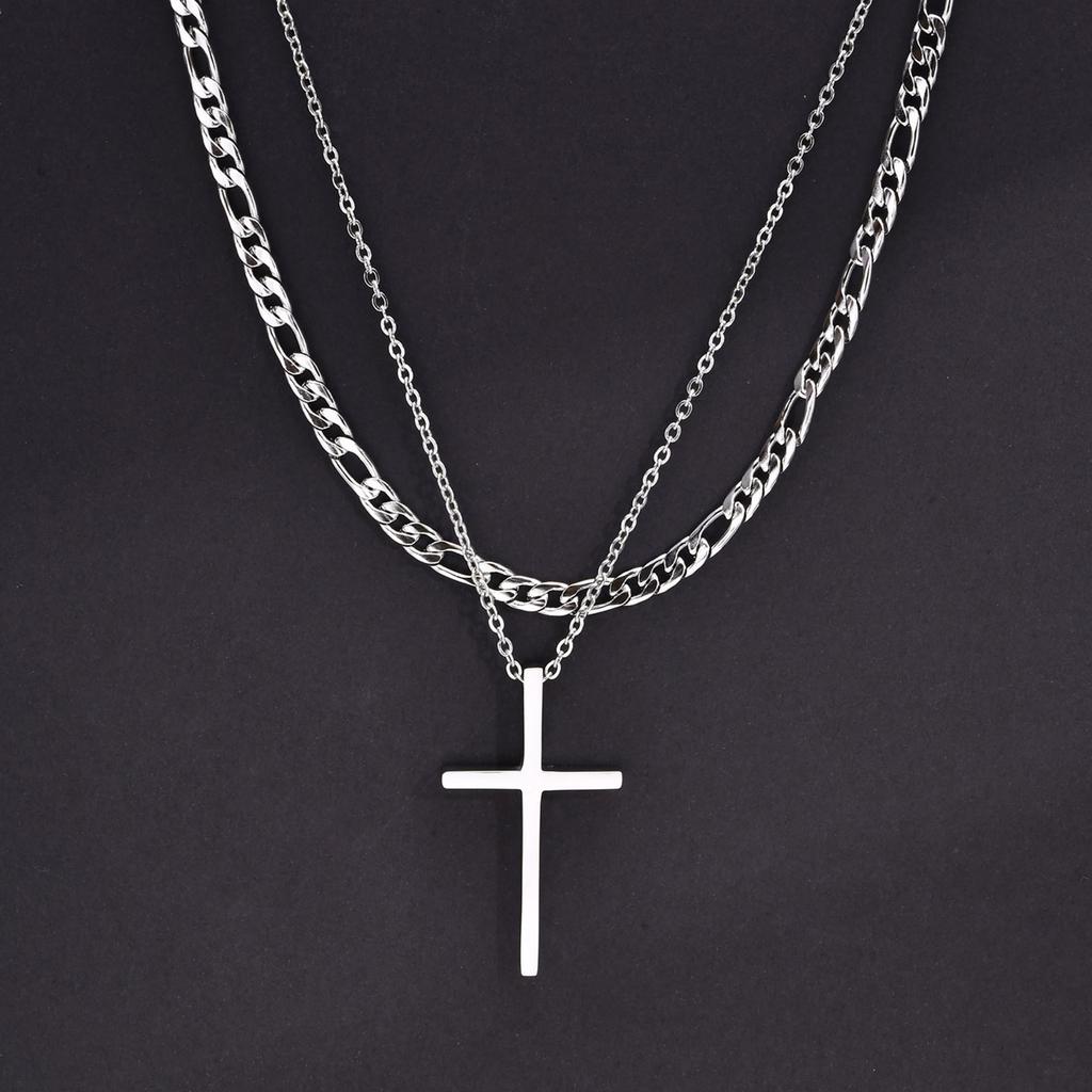 Men Double Layered Chain Cross Charm Pendant Necklace, Stainless Steel Stacking Set Choker Collar Gifts To Him