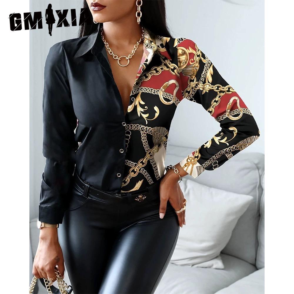 GMXIA Women's Fashion Casual Solid Color Print Long Sleeve POLO Neck Blouses & Shirts