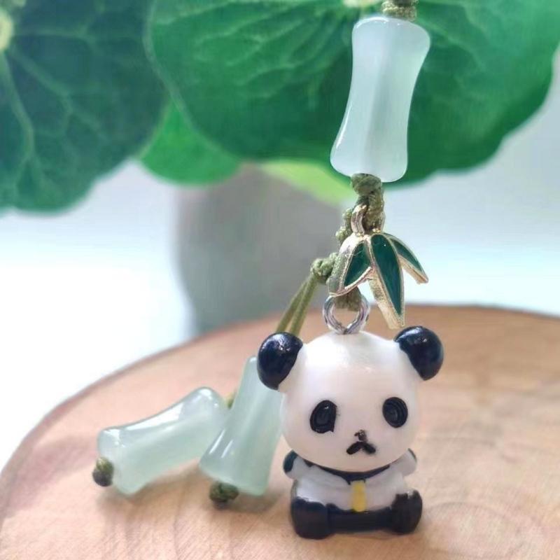 Stylish Cyan Pandas/Fan Phone Lanyard Trendy Han Costume Pendants Fashion Bamboo Joint Phone Charm Straps Ornaments