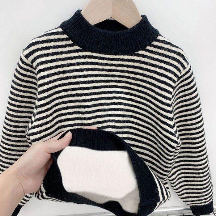 

Boys Fleece-Lined Striped Pullover Sweater for Autumn/Winter - Fashionable Mid-to-Large Children’s Knit Top 110 - for height 90-100cm