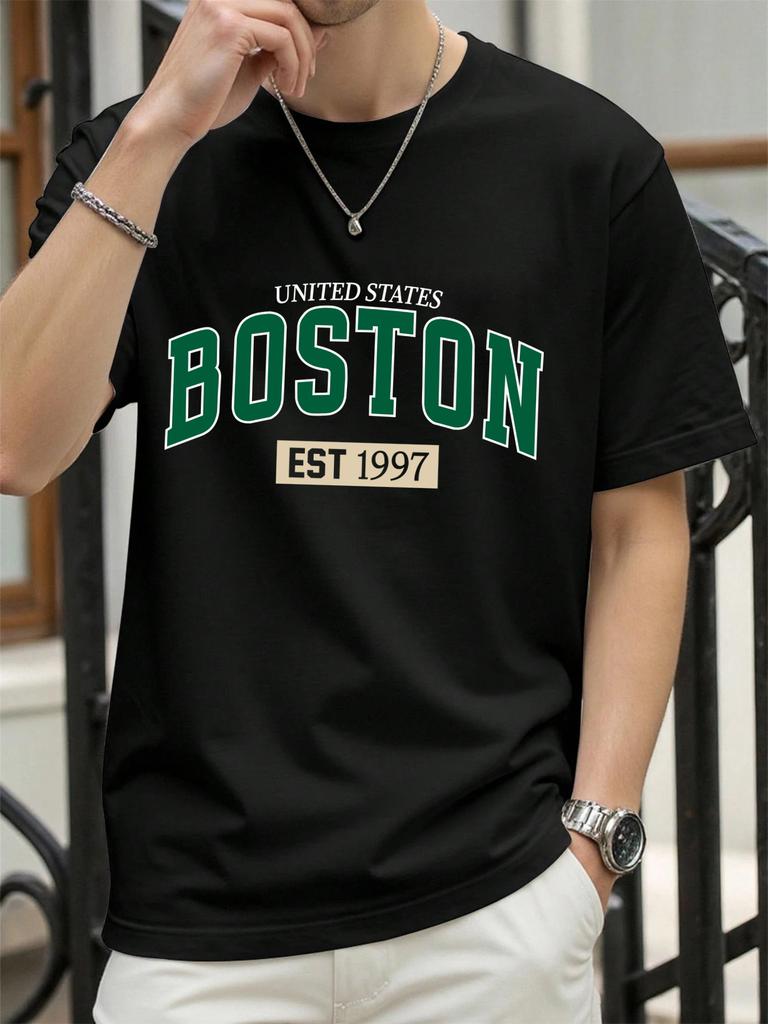 United States Boston Est 1997 Print T Shirt Men Summer AllMatch Streetwear Trendy ONeck Clothes Cotton Oversized Man TShirts