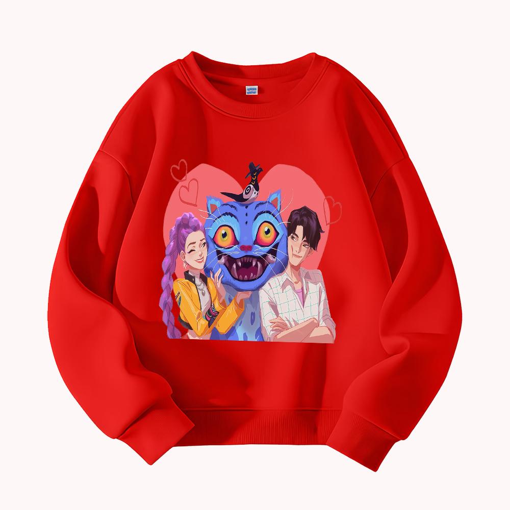 KPop Demon Hunter Cute Cartoon Cat Couple Print Round Neck Loose Pullover Sweatshirt for Men Women