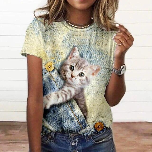 

Забавные женские футболки, летняя кавайная футболка с 3d принтом кота, модный топ с короткими рукавами, женская женская одежда большого размера с круглым вырезом M