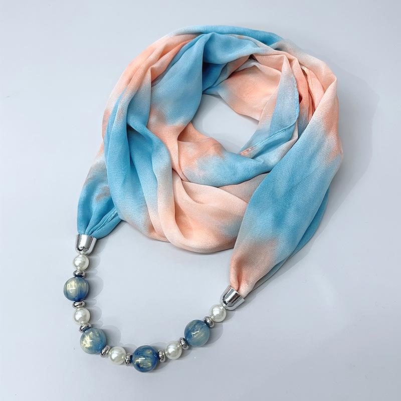 Chic Printed Scarf Necklace with Pearl and Bead Accents – Lightweight Chiffon Infinity Scarf for Women, Fashion Statement Accessory