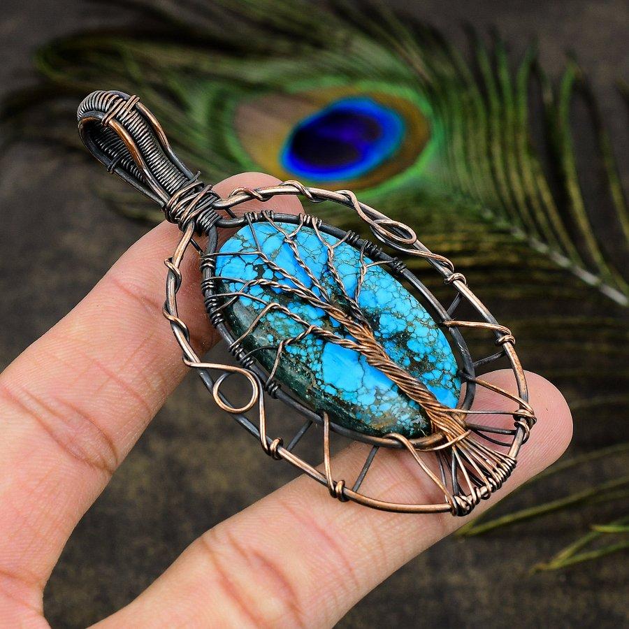Tibetan Turquoise Handmade Copper Wire Wrap Jewelry Pendant 3.23" a0c96