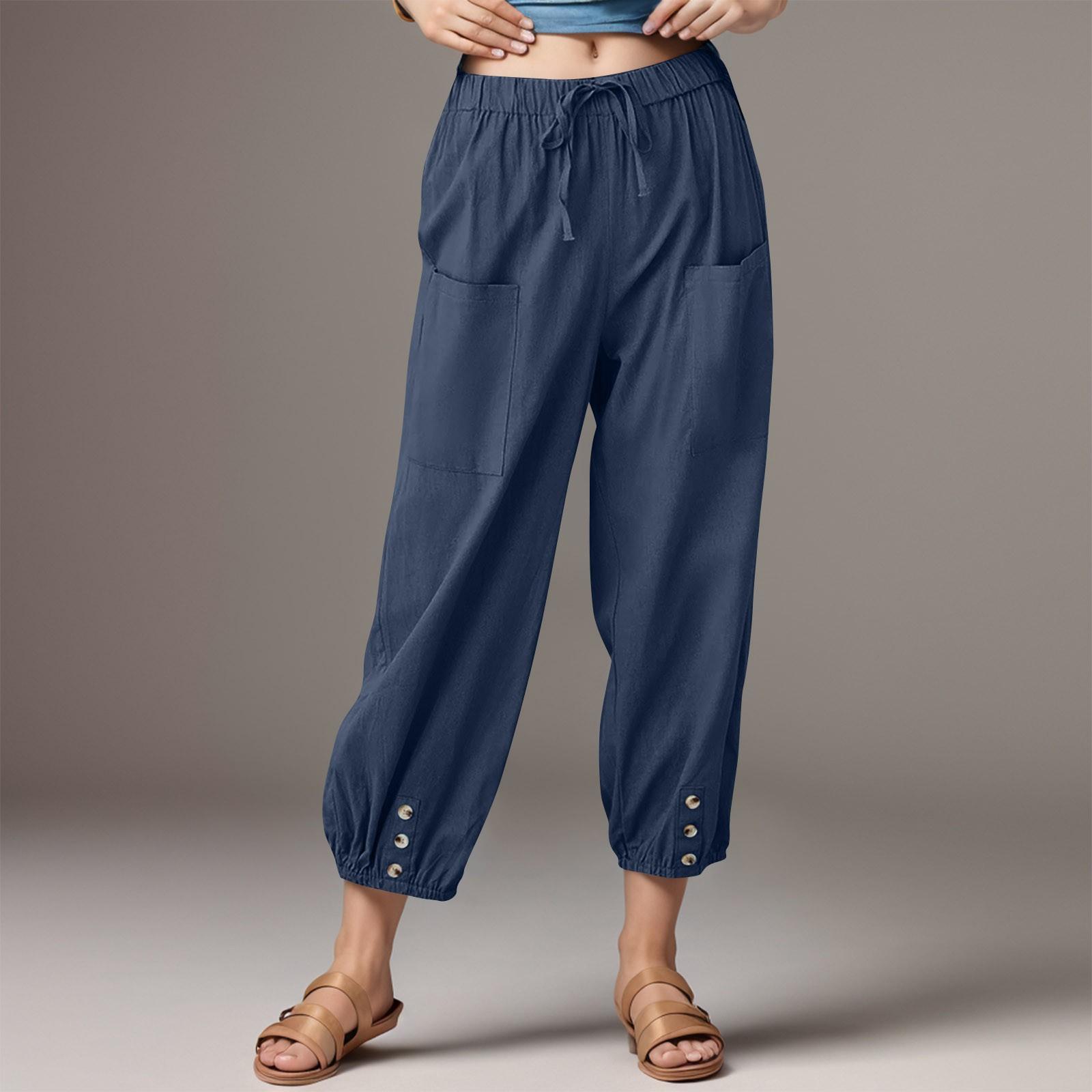 Women s Fashionable Color Linen Cotton Pocket Leggings Elastic Casual Pants XXXL