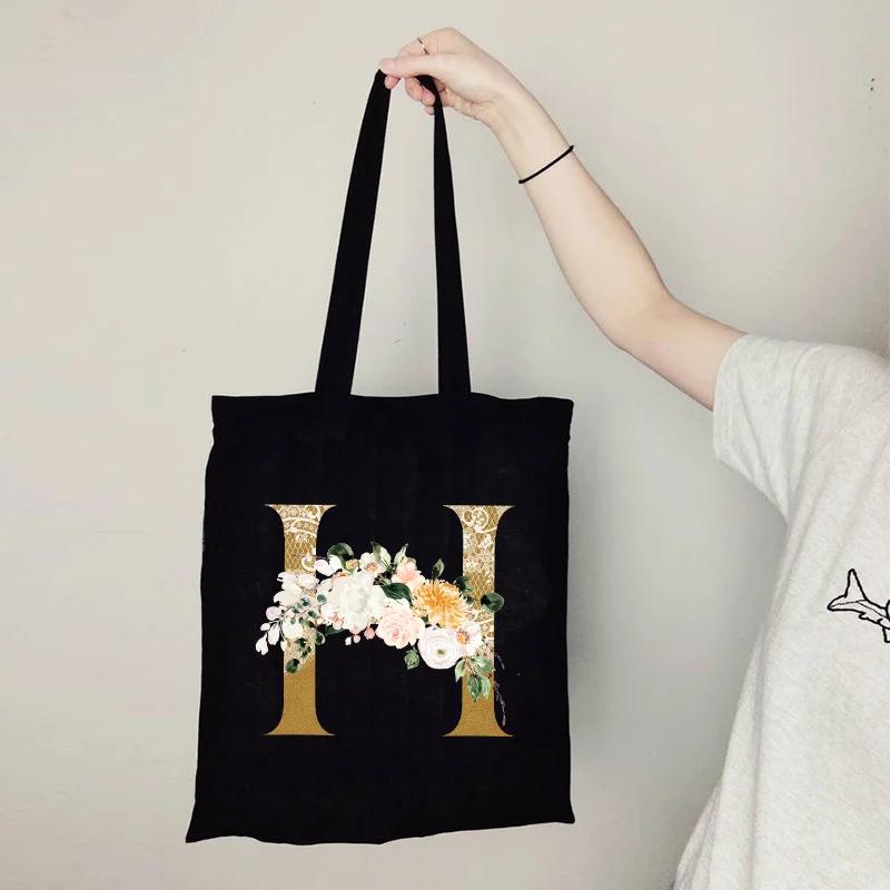 Gold Letter Flower Canvas Bag Women's Shopping Bag Reusable Large Capacity Portable Handbag Harajuku Student Shoulder Bag