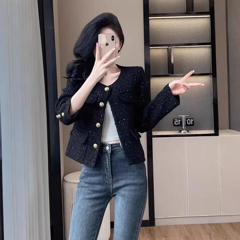 2026 Womens Short Tweed Blazer With Sequins Chic French Style Cropped Jacket Petite Figures