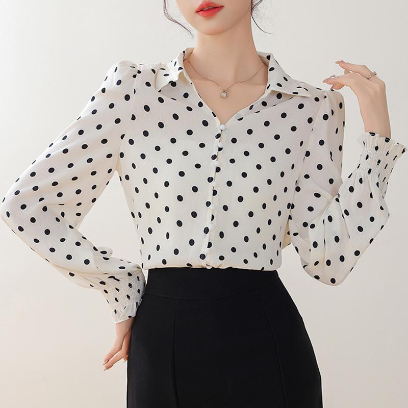 Women Blouses Shirts 2025 Spring Long Sleeve Women Blouse Shirt Turn Down Collar Dot Chiffon Blouse Shirt Women Tops J912