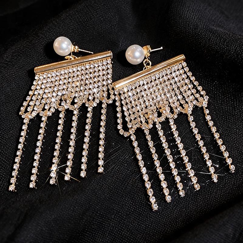 Exquisite Rhinestone & Pearl Tassel Stud Earrings - Niche Design, Bold and Versatile with High-End Appeal