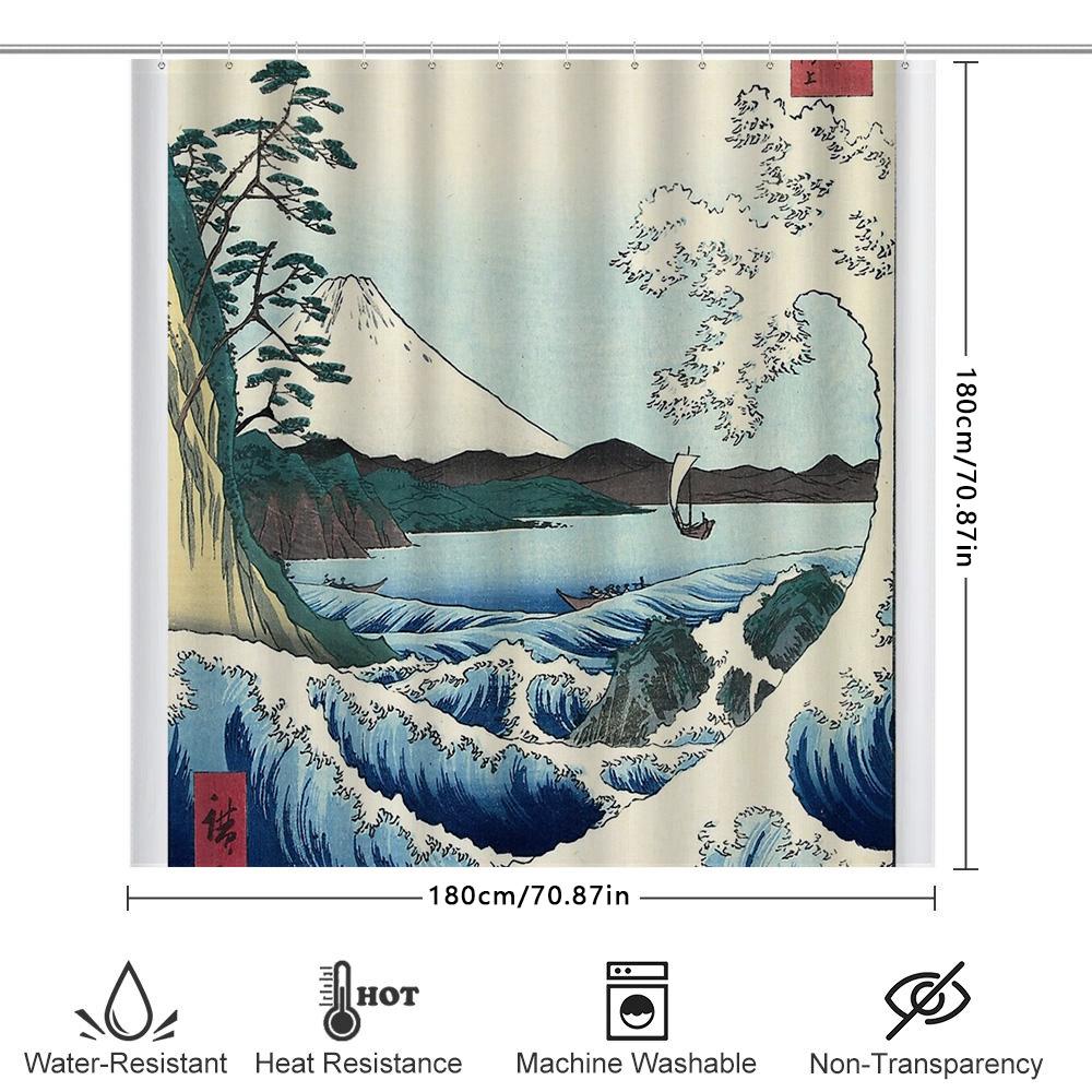 Japanische Wellenkunst Duschvorhang Halterung Fuji Meereslandschaft Wandteppich Heimdekoration Badezimmer Hängende Bilder