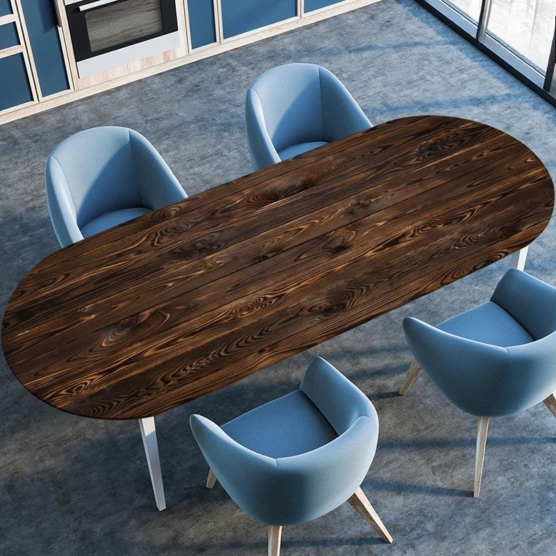 Wooden Plank Texture Style Waterproof Oval Tablecloth Oil-Resistant Elastic Stretch Fitted Table Cover Kitchen Dining Outdoor