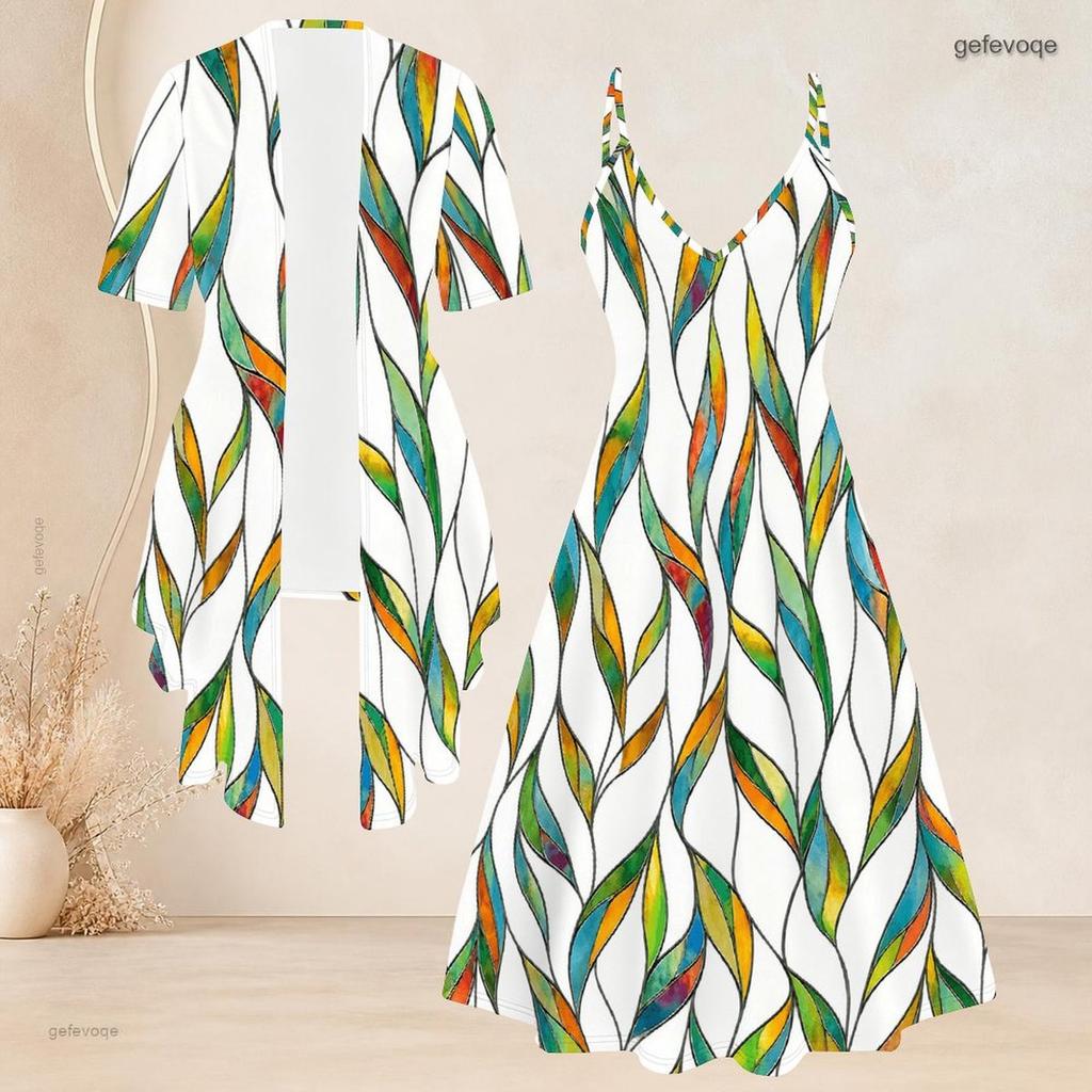 Women Plus Size Two Piece Set Short Sleeve Cardigan Tropical Leaf Printed Strappy V Neck Flared Dress