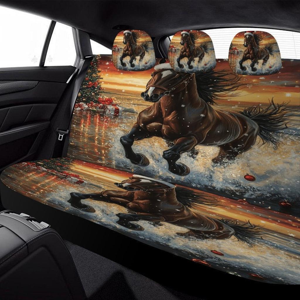 Set Of Car Seat Covers Featuring A Christmas Horse And Sunset Theme, Suitable For Various Vehicles. Stylish And Durable, This Co