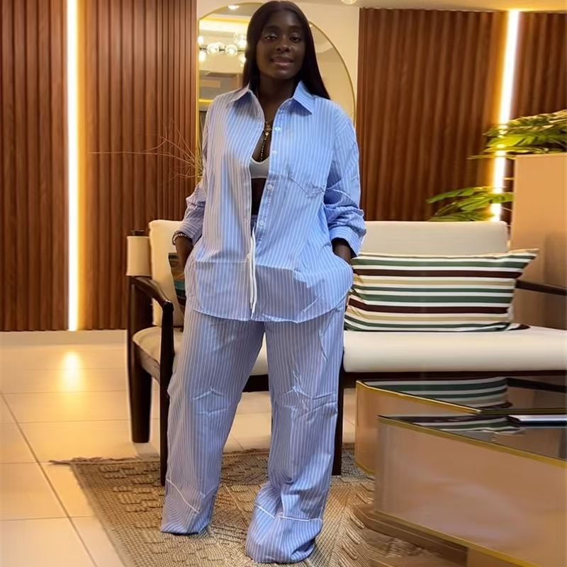 

Fashion Style New Arrival Fashion Loose Stripes Shirt Loose Pants Suit Shirt and Pants Set Suit Blue S