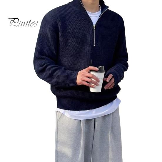 

Мужской свитер осень-зима с застежкой-молнией и воротником-стойкой, эластичный трикотажный однотонный свитер свободного покроя с длинными рукавами, повседневный свитер для работы, школы и отдыха L чёрный