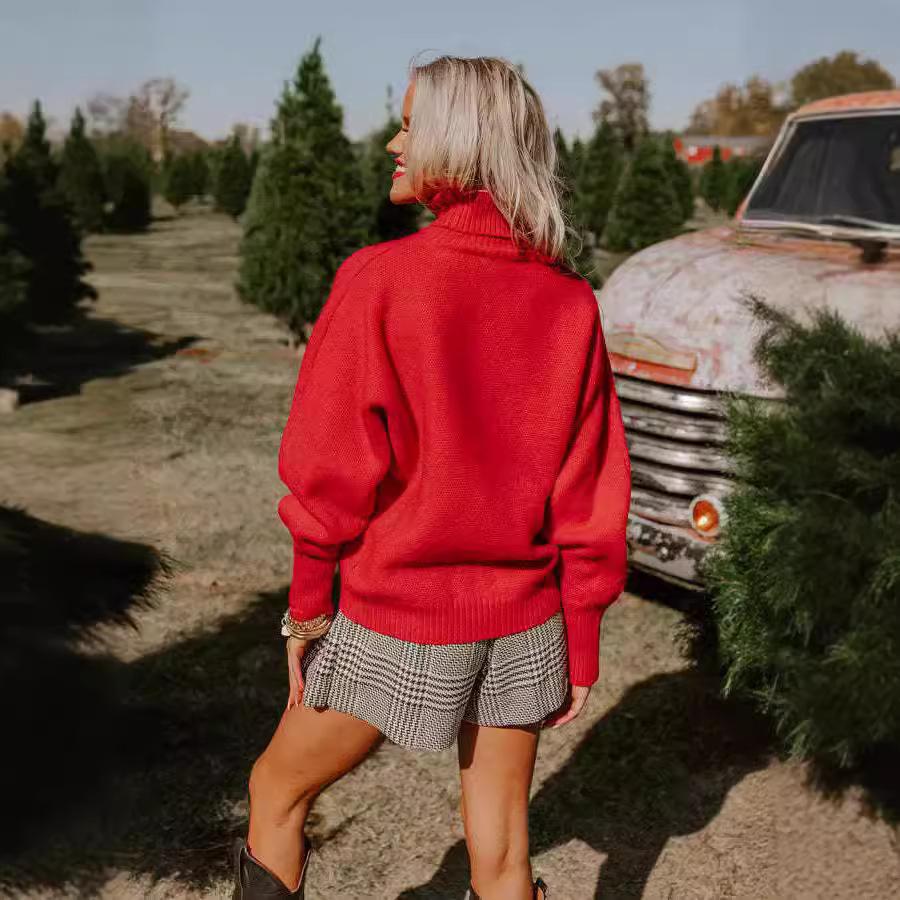 New Autumn and Winter Women's Christmas Turtleneck Sweater Loose Long Sleeve Knitted Pullover Top Woman