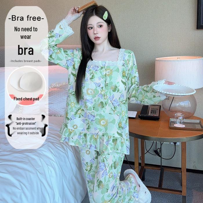 Yellow Sweet Princess Long Pajamas with Chest Pad - Korean Cloud Cotton, Plus Size, Spring/Autumn Style