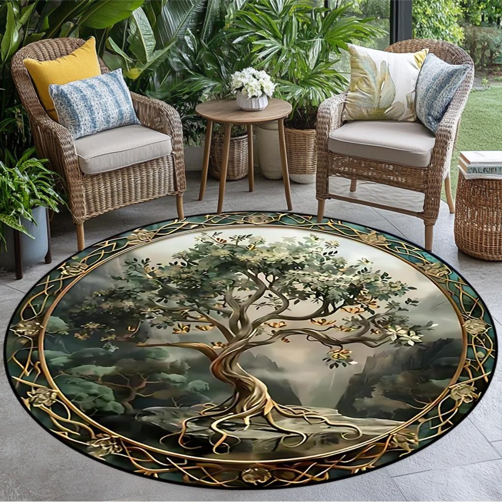 Tree of Life Print Round Area Rug, Elegant Non Slip Floor Mat for Dining Room Living Room and Bedroom, Spring Home Decor Gift