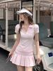 Pink shoulder short-sleeved polo shirt T-shirt women's summer slim-fit V-neck top pleated A-shaped half-body short culottes set