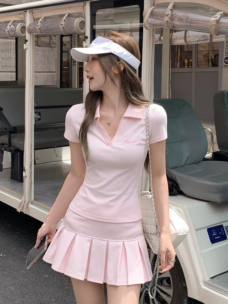 Pink shoulder short-sleeved polo shirt T-shirt women's summer slim-fit V-neck top pleated A-shaped half-body short culottes set