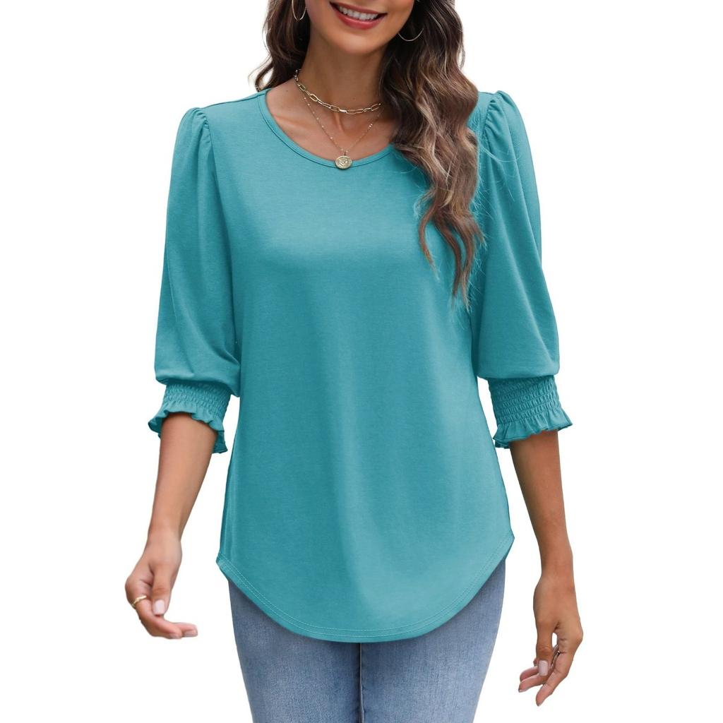 Women's Clothing, Spring, Loose, Casual, Printed, Seven Quarter Sleeves, Round Neck, T-shirt, Top