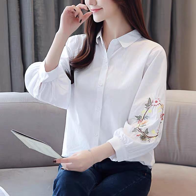 

Everything Embroidered Summer Nine-point sleeve Shirt Literary Women Temperament Lapel Casual Tops XS білий