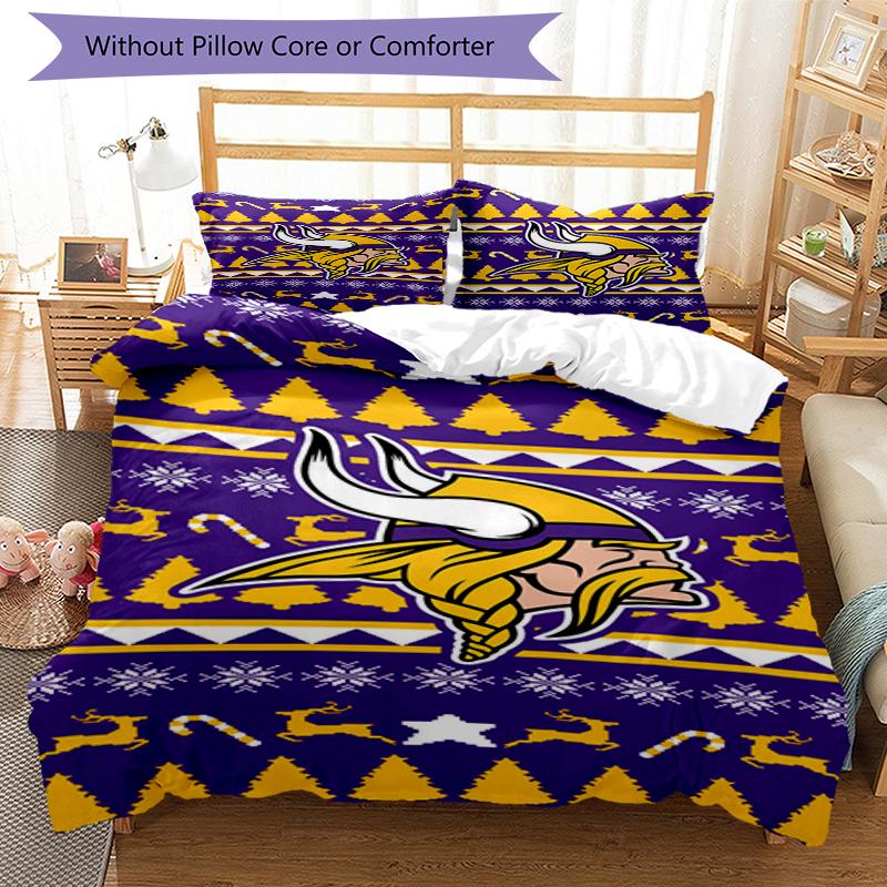 Minnesota Vikings Ugly Sweater Design Bed Bedding Set 1 Duvet Cover + 2 Pillowcases Soft Breathable Household Bed Linens