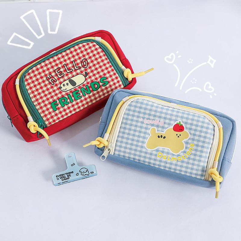 Retro Plaid Cute Dog Pencil Case – Large Capacity Kawaii Accessories Supplies Organizer – Trendy Pen Pouch