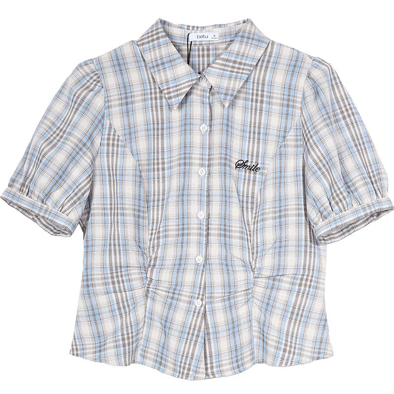 Betu Women s Summer Plaid Pleated Waist-Cinching Short Sleeve Shirt XS