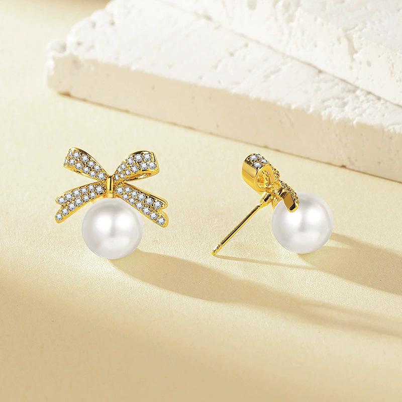 Elegant Micro-inlaid Zircon Bow Pearl Stud Earrings for Women - Versatile and Fashionable Accessories