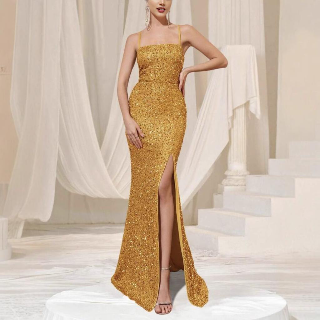 Summer New European and American Women's Clothing High-waisted Sexy Fashion Dress Suspender Sequined Split Dress