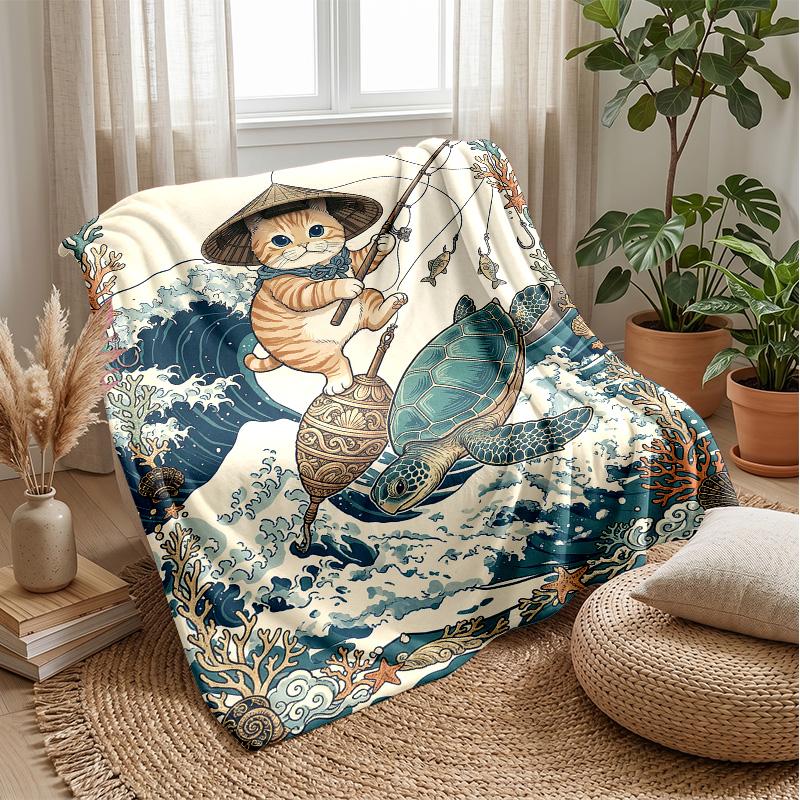 Cat Fishing Adventure blanket Personalized Name Flannel Blanket Soft Cozy Plush Throw for Sofa Bed Lightweight Home Decor