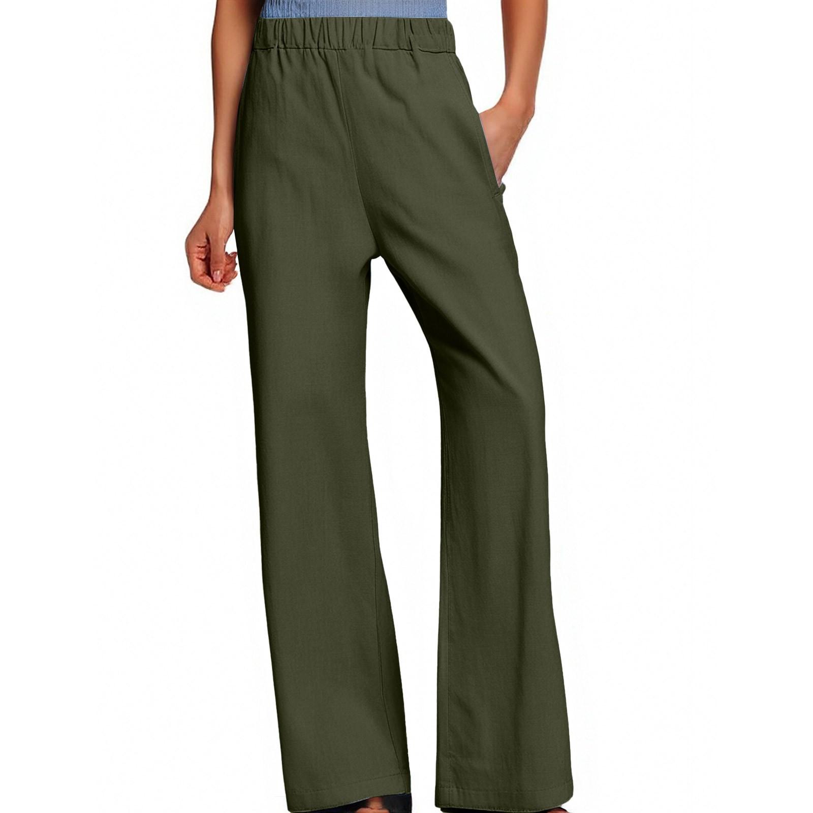 

Жіночі повсякденні модні однотонні бавовняні лляні повсякденні штани Широкі штани Спортивні штани з кишенями L армія зелений колір