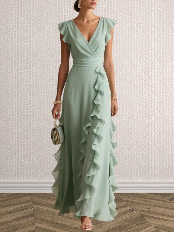 2026 Summer European and American Style Solid Color High-Waisted Pleated V-Neck Dress
