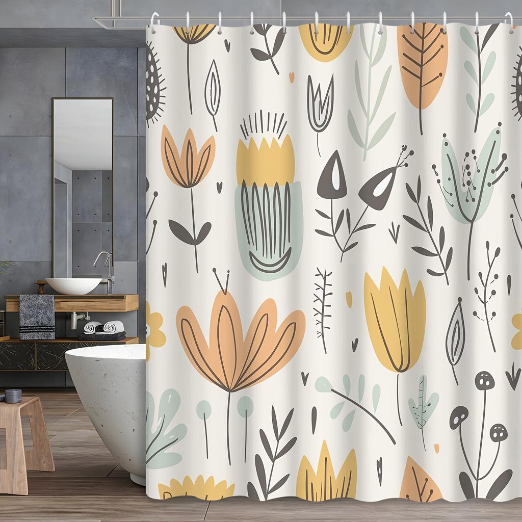 1 Stück Bohème Abstrakt Grüne Pflanze Floral Duschvorhang, Bedruckter Duschvorhang, Enthält 12 Kunststoffhaken, Badezimmerzubehör