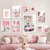 Pink Paris Building Car Cherry Blossom Rose Wall Art Canvas Painting Nordic Landscape Posters Prints Pictures Living Room Decor